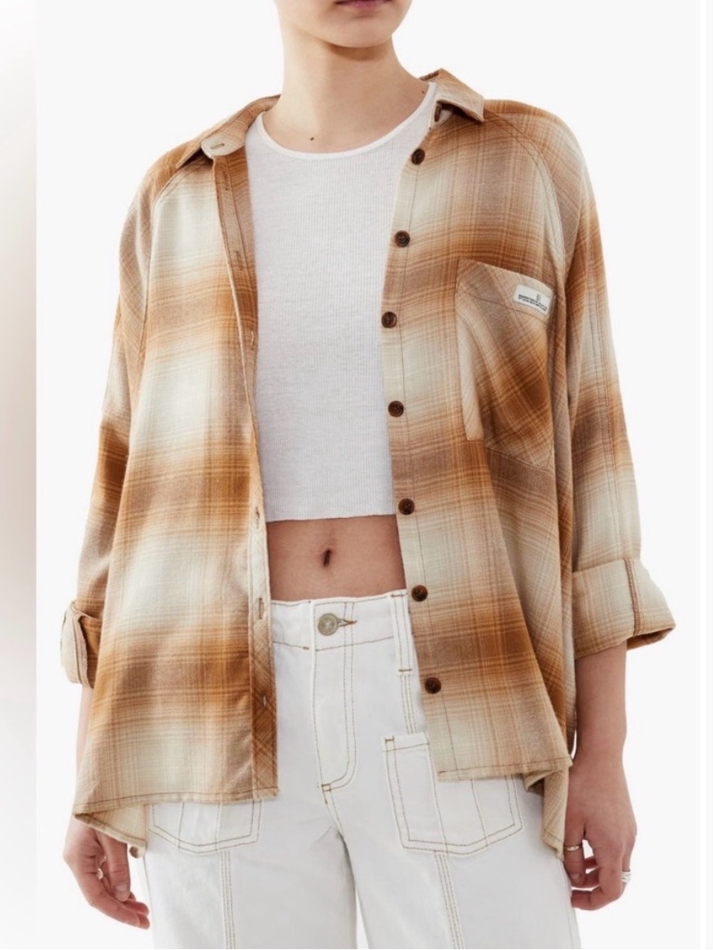 BDG Urban Outfitters Brendon Plaid High-Low Hem Button-Up Shirt 🤎 boho oversized